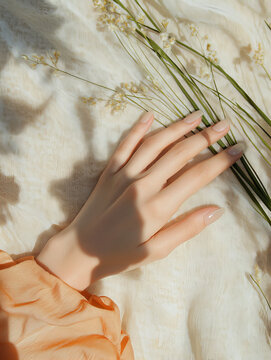 A delicate image of a woman's hand with a soft, natural manicure against a backdrop of gentle, diffused light. The graceful fingers, well-groomed skin, and minimalist nail design highlight natural bea