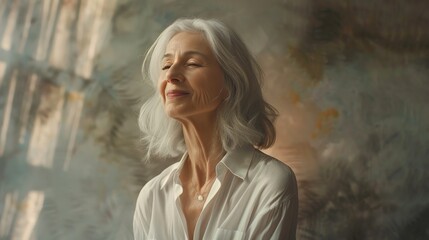 Naklejka premium A highly detailed, lifelike portrait of a joyful older woman with shoulder-length white hair