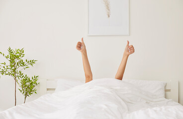 Female person waking up in the morning lying in bed under cozy white blanket in bedroom, stretching...