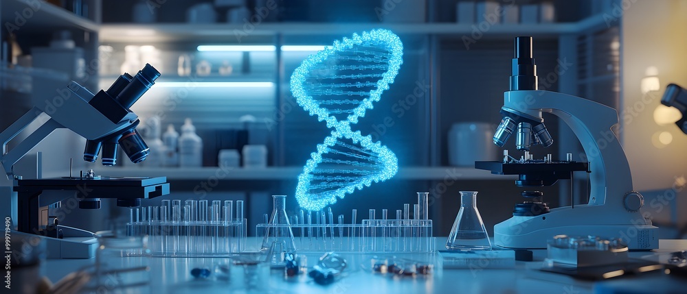 Aufkleber laboratory scene with dna visualization and microscopes