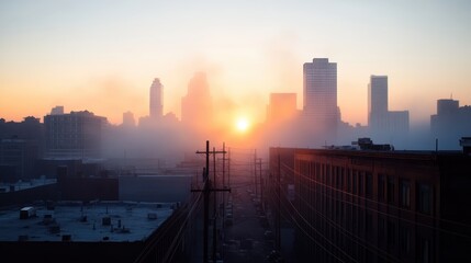 A serene cityscape view on a misty morning with power lines silhouetted against the backdrop of the rising sun and tall buildings, evoking calm and serenity.