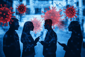 People Engaged in Conversation While Surrounded by the Visual Representation of the Covid-19 Virus, Highlighting Pandemic Awareness and Communication
