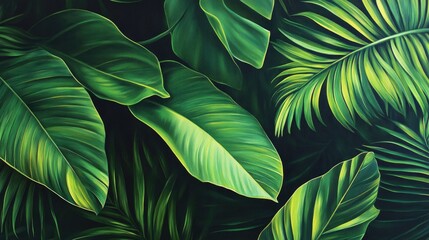 Intricate patterns of vibrant green leaves form a mesmerizing abstract backdrop, evoking the peacefulness and beauty of tropical greenery