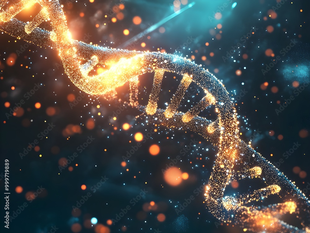 Poster glowing dna helix with sparkling particles
