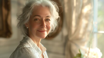 Fototapeta premium A photorealistic, lifelike depiction of a cheerful middle-aged woman with white hair and a white shirt