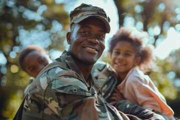 Fototapeta premium A man in military attire cradling a young child, ideal for family and patriotic themes