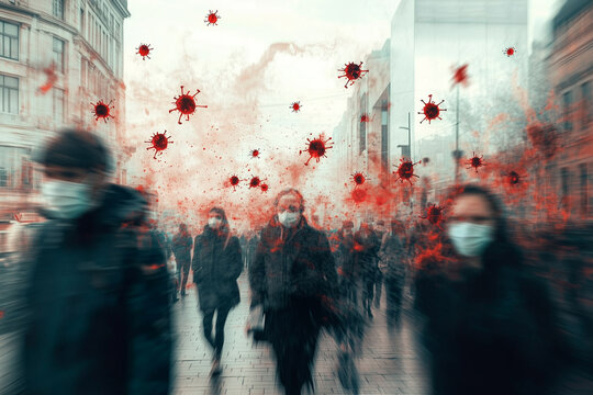 Crowds of Masked Individuals Navigate a City Street Amidst a Surreal Depiction of the Covid-19 Virus Affecting Daily Life in Urban Settings