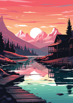 Mountain Cabin by Reflective Lake at Dusk Vector illustration for Tshirt design and Wallmate