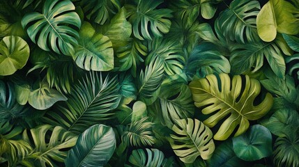 Naklejka premium Various green leaves with rich emerald hues create an intricate abstract pattern, forming a tranquil and serene tropical forest backdrop