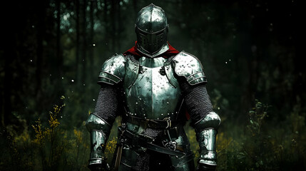 Fototapeta premium A Knight in Full Plate Armor Stands in a Dark Forest with a Red Cape Draped Over His Shoulders, Ready for Battle or a Quest