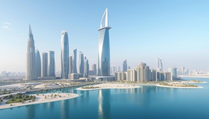 Obraz premium Modern city skyline with iconic skyscrapers and serene waterfront