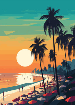 Sunset Walk on the Beach Vector illustration for Tshirt design and Wallmate