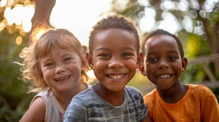 A portrait of three happy kids of different races