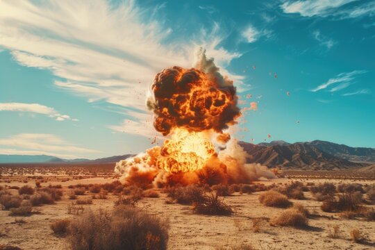 A massive explosion in the middle of a desert with debris and smoke spreading outwards