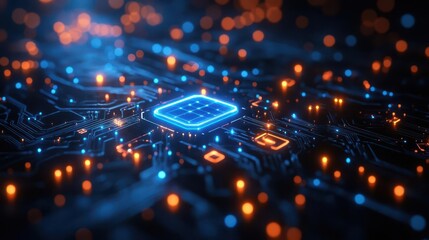 Obraz premium futuristic blueprint of ai concepts neon blue lines on black intricate network patterns glowing nodes sleek iconography hightech aesthetic