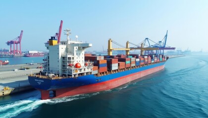 Fototapeta premium Majestic cargo ship cruising through the harbor