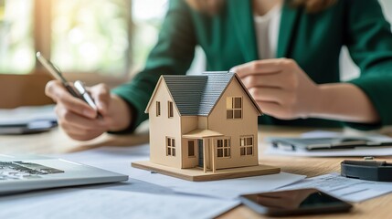 Realtor talking with a customer about loan from bank to buy new house or apartment in modern office. A financial home loan or money-saving for house buying, real estate, and insurance.