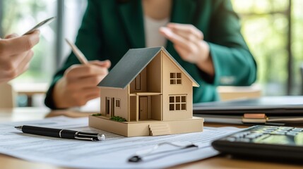 Realtor talking with a customer about loan from bank to buy new house or apartment in modern office. The concept of financial home loan or money-saving for house buying, real estate, and insurance.