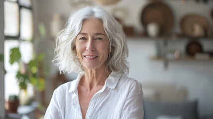 Fototapeta premium A realistic, detailed image of a cheerful middle-aged woman with white hair