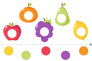 Cut out and glue colorful circles onto the fruit. Learning to cut. Educational cards for children. Preschool activity pages worksheet with cut out insert.