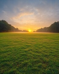A scenic view of a field at sunrise with fog and a beautiful golden sky.