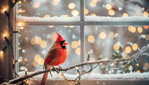 Red cardinal bird perched on snowy branch near window with holiday lights. Concept of winter scene, holiday season, Christmas, nature in winter