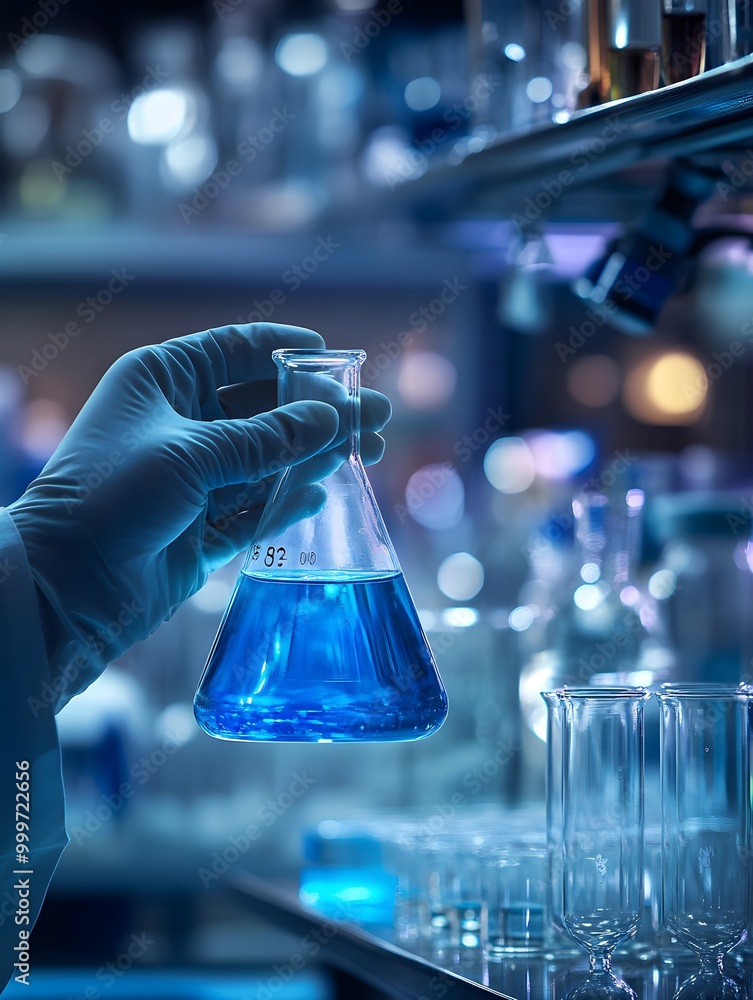 Poster laboratory scene with blue liquid in flask