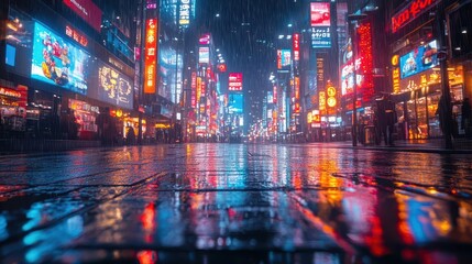 futuristic cityscape at night neon lights reflecting off sleek asphalt holographic advertisements hover above casting an ethereal glow on the emptied streets below