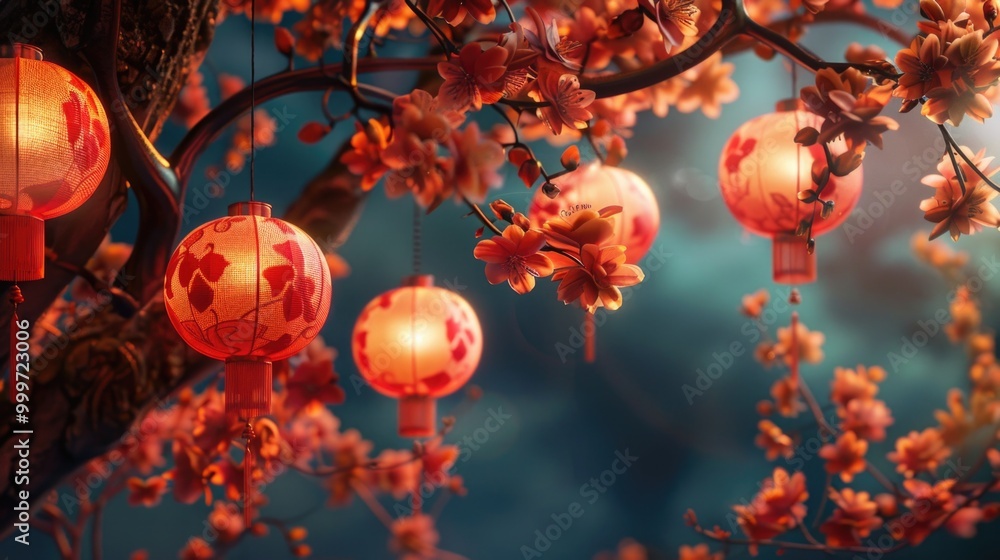 Poster a group of red lanterns hung from a tree branch, adding a warm and cozy ambiance to the scene