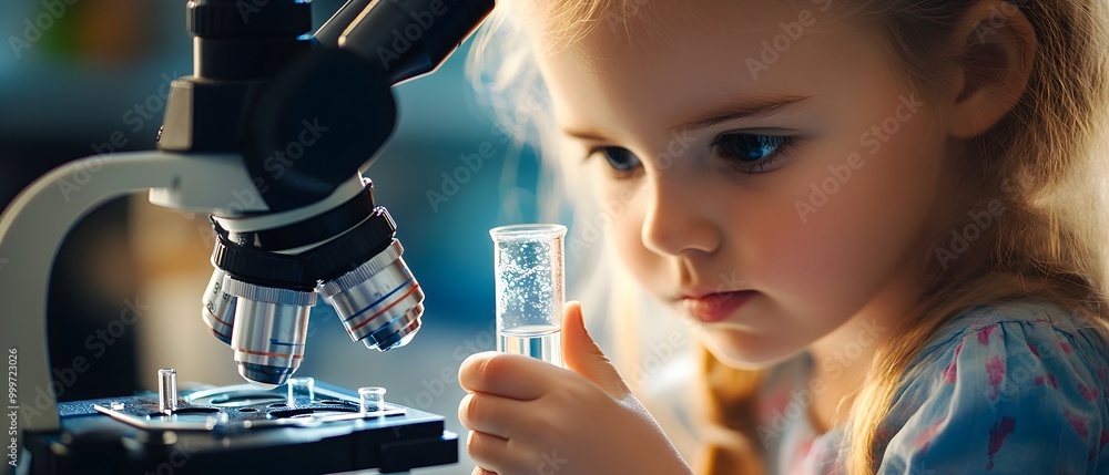 Aufkleber young girl exploring science with microscope and test tube