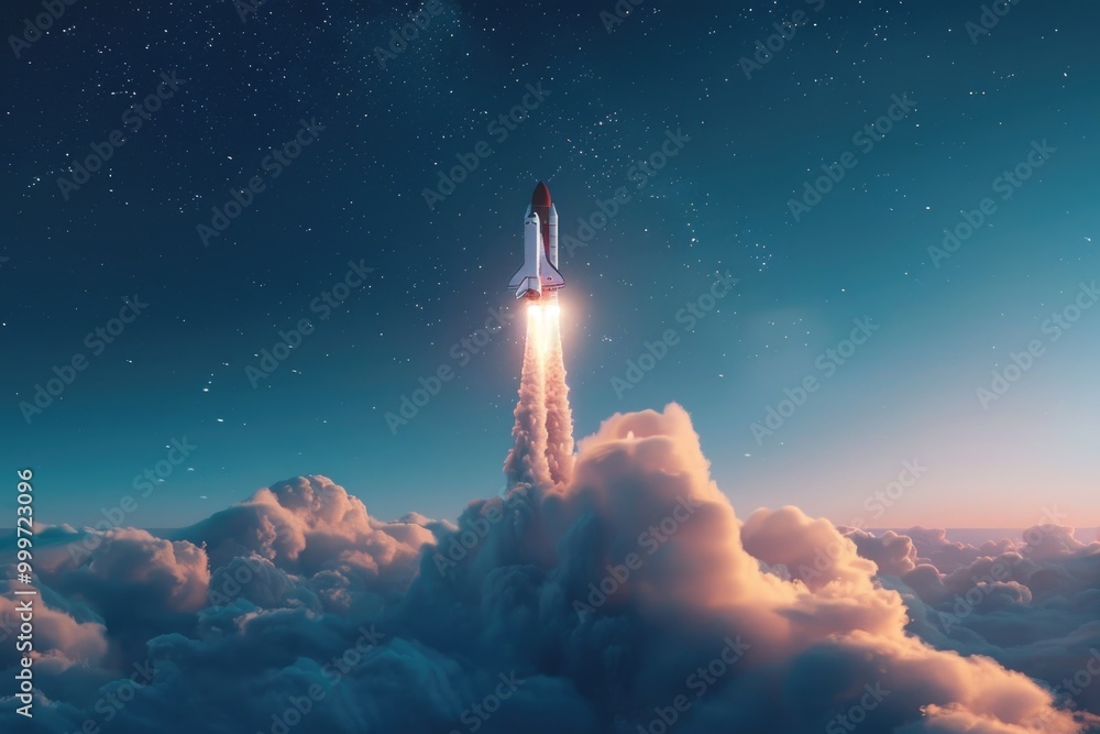 Poster a space shuttle lifting off from a launchpad into the cloudy sky