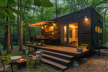 A small wooden cottage situated amidst dense forest foliage