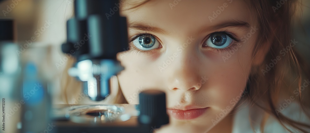 Aufkleber curious child observing through microscope