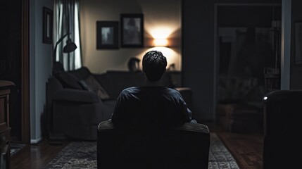 sitting alone in a dark living room, depression and isolation.