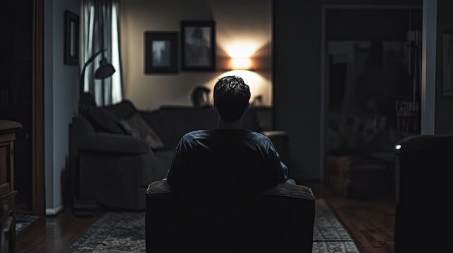 sitting alone in a dark living room, depression and isolation.