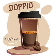 Dopio coffee in paper cup with coffee beans. Vector illustration for banner, website, poster, menu. Illustration for cafe, coffee house, bar, food concept, recipe
