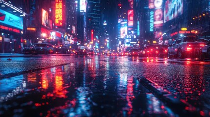 Fototapeta premium futuristic cityscape at night neon lights reflecting off sleek asphalt holographic advertisements hover above casting an ethereal glow on the emptied streets below