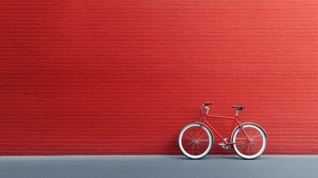 A red bicycle with white tires and black handlebars stands against a plain red brick wall, creating a striking and visually appealing monochromatic scene outdoors.