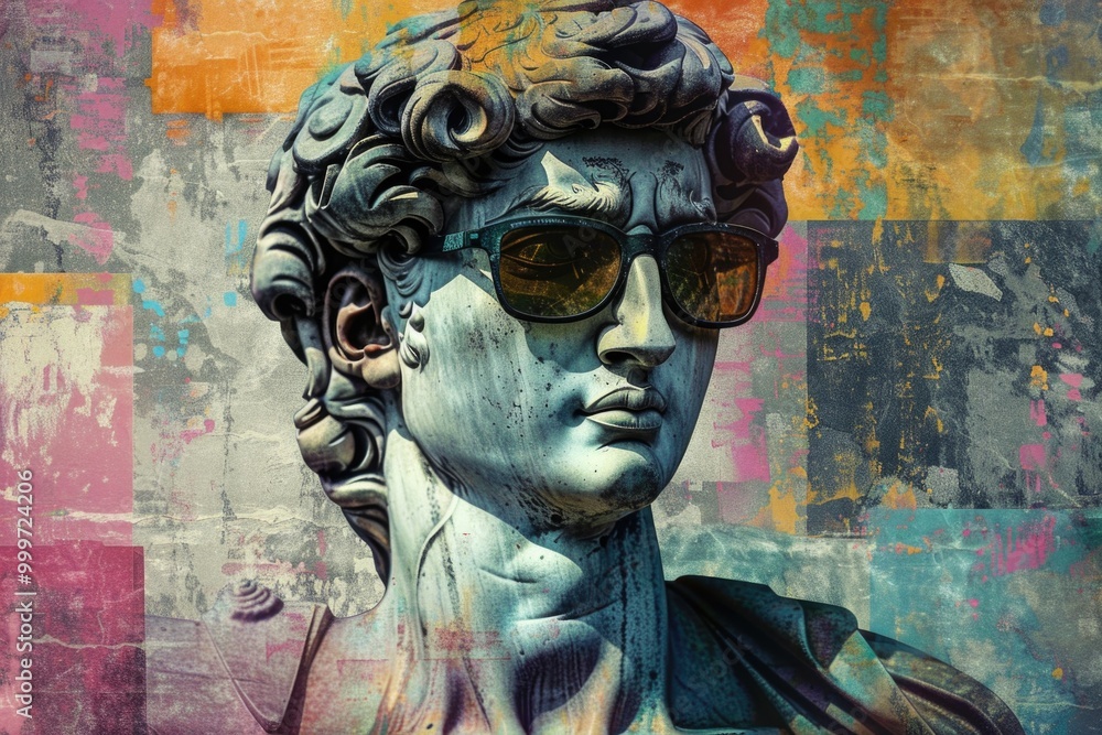 Poster Close-up shot of a statue wearing sunglasses, perfect for use in ads or editorials where a unique and quirky image is needed