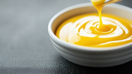 A close-up image of a luscious yellow liquid being poured into a white bowl, forming a smooth and shiny layer. The backdrop is blurred, highlighting the vibrant liquid.