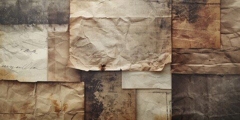 A collection of yellowed papers and files stacked on a wooden surface