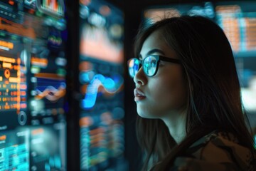 A woman wearing glasses sits in front of a computer, focused on the screen