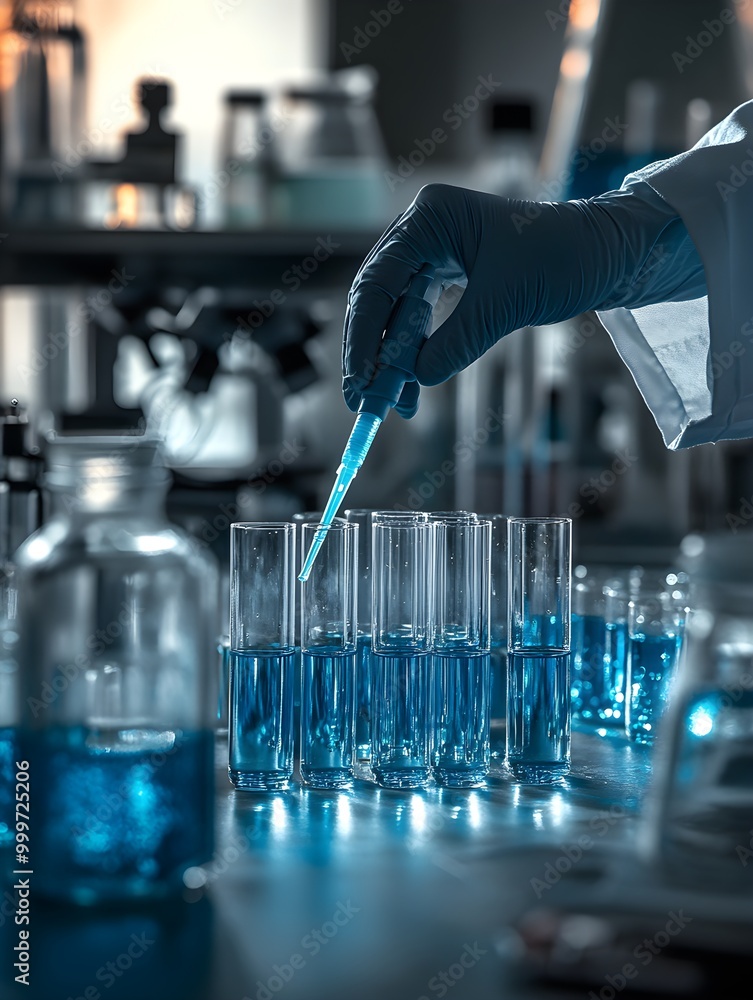 Poster laboratory experiment with blue fluids in test tubes