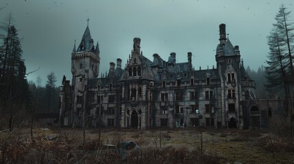 Fototapeta premium An ancient castle surrounded by dense trees and foliage