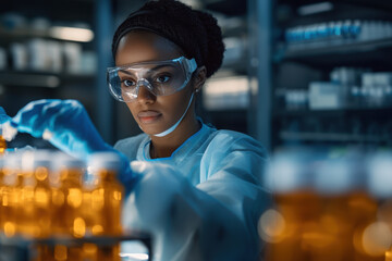 Candid black pharmaceutical lab specialist medicine vials & hospital samples African american female medical student working in science laboratory research PPE protective clothing DEI