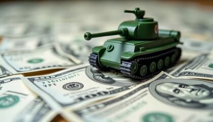  Money and power  A toy tank amidst a sea of currency