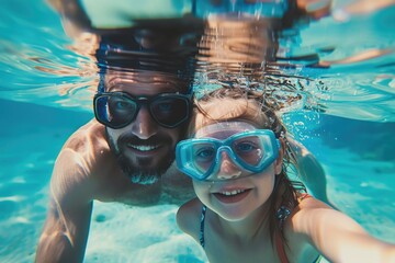 Fototapeta premium Couple swimming together underwater with goggles on