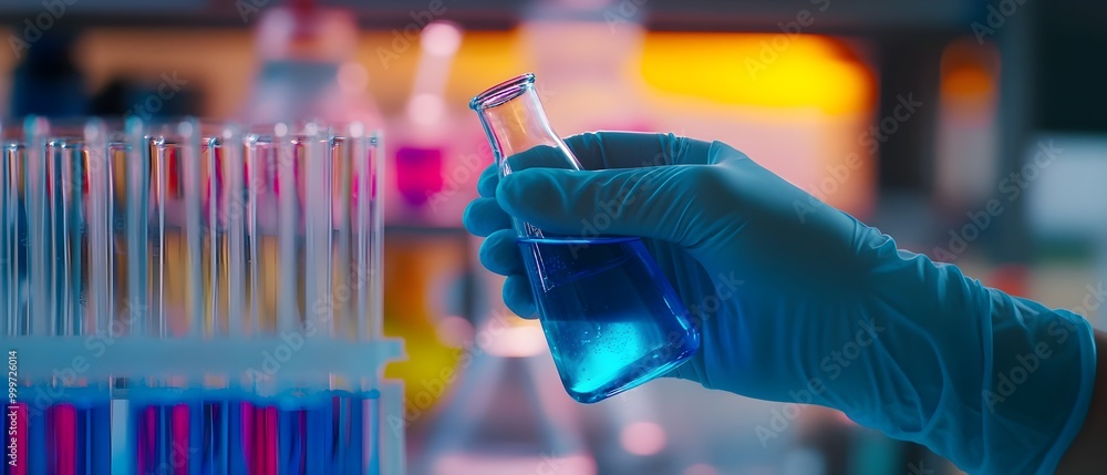 Poster Laboratory Experiment with Blue Liquid in Flask