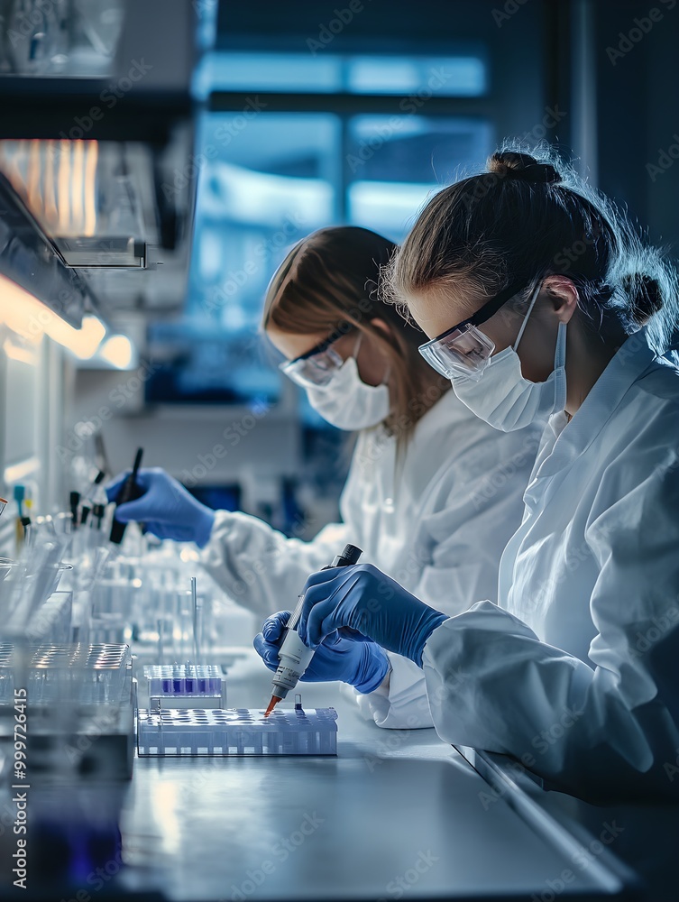 Poster laboratory researchers analyzing samples with precision