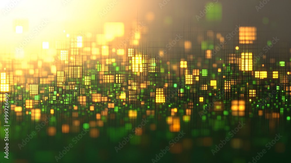 Poster abstract digital background with glowing green and yellow squares in a gradient light setting during